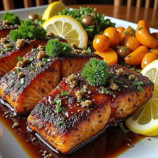Appetizing display of Zesty Baked BBQ Salmon with sweet potatoes, showcasing rich textures in warm natural light.