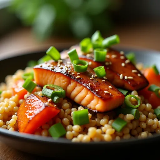 Detailed close-up shot of a Sticky Salmon Couscous Bowl, showcasing the salmon, couscous, and garnishes.