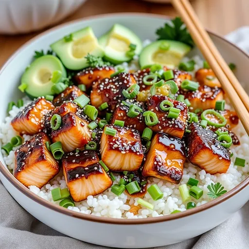 Eye-level shot of a vibrant rice bowl with salmon, colorful vegetables, and a warm honey garlic sauce.
