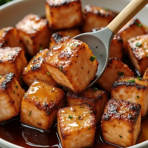 Savory air-fried salmon pieces coated in a hot honey glaze, with a blurred background.