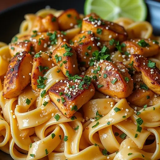 A beautifully presented bowl of Cowboy Butter Chicken Pasta, showcasing its rich texture and colors.