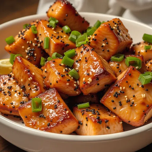 Detailed view of a healthy bowl meal with salmon, veggies, and garnishes.