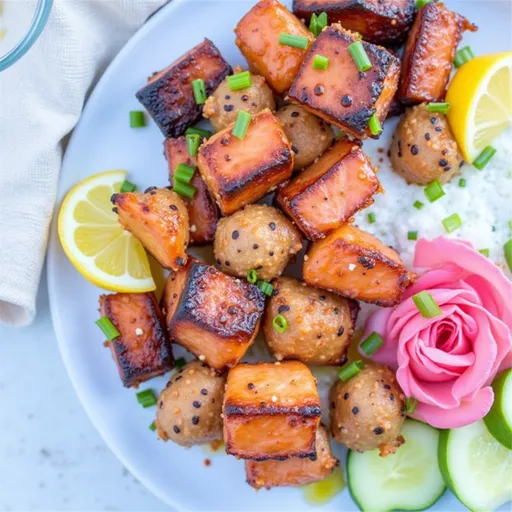 Mouthwatering bite-sized pieces of salmon coated in honey garlic sauce, beautifully arranged.