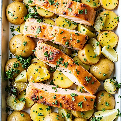 Delicious Honey Garlic Salmon dish with thinly sliced potatoes, beautifully lit from the side.