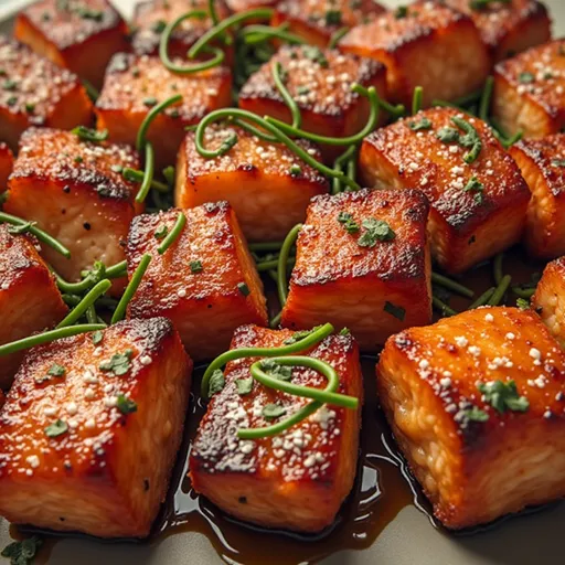 Bite-sized salmon pieces glistening with honey garlic sauce, presented elegantly.