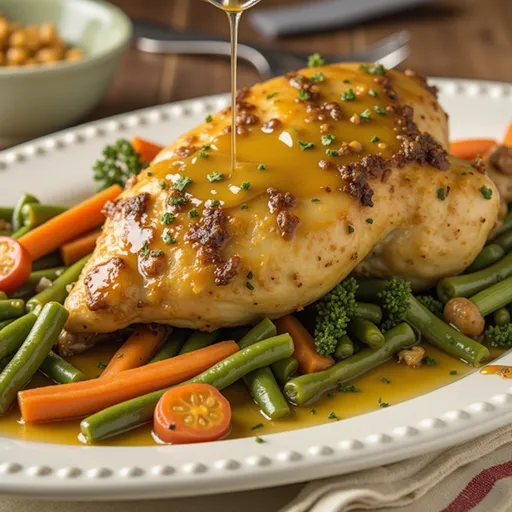 Tender chicken breasts drizzled with honey and Dijon mustard, illuminated by soft side lighting.
