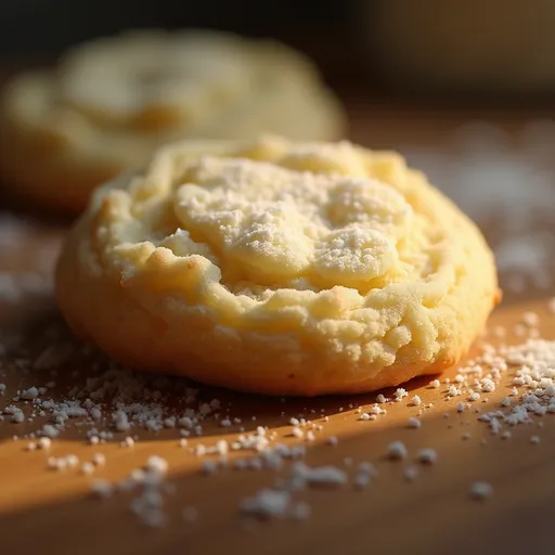 Eye-level view of a delicious sugar cookie with a sprinkle of sugar, highlighting its golden edges and soft surface.