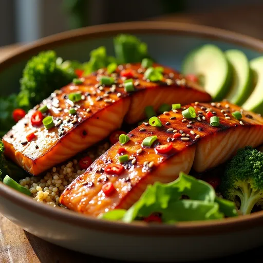 A detailed view of a gourmet Spicy Honey Balsamic Salmon Bowl, showcasing the salmon, avocado slices, and colorful vegetables.