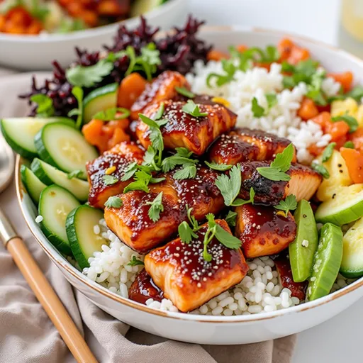 Vibrant rice bowl showcasing glazed salmon, steamed broccoli, and sliced carrots, elegantly presented.