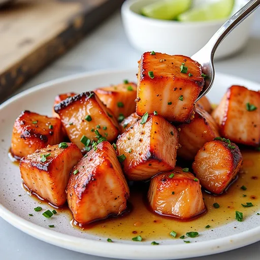 Air fryer salmon fillets showcasing a shiny, spicy glaze, against a softly blurred kitchen background.