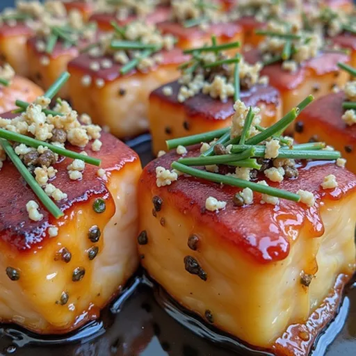 Bite-sized salmon pieces glazed in a golden honey butter sauce, beautifully styled.