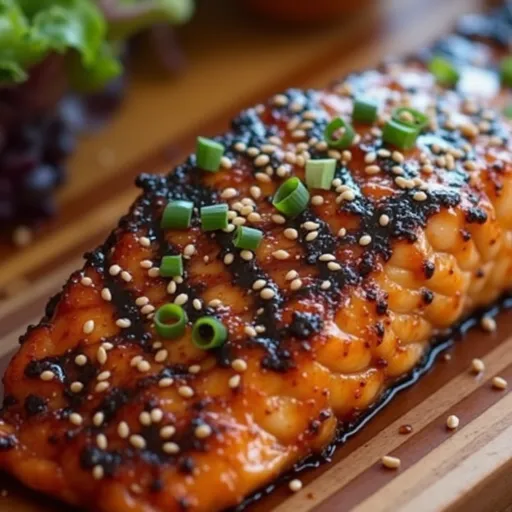 A beautifully presented plate of grilled salmon with a vibrant red glaze, highlighted by natural light and details of garnishes.