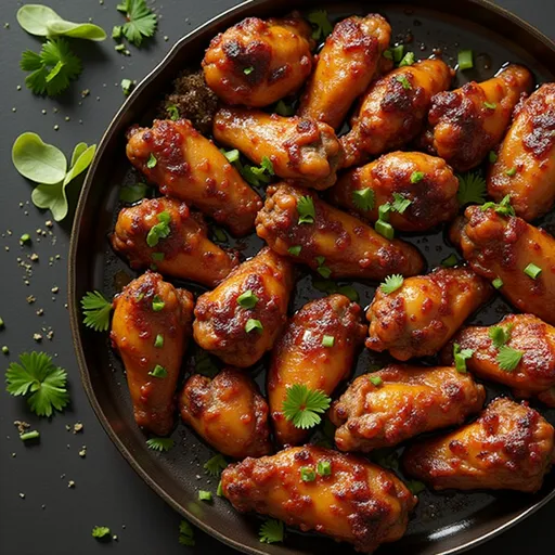 Crispy chicken wings coated in a sweet and spicy sauce, displayed with a soft-focus background.