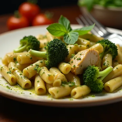 Inviting image of a warm creamy pasta dish with vibrant green broccoli and gooey mozzarella cheese.