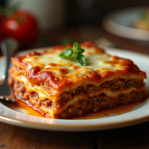 A vibrant plate of classic lasagna with melted cheese, fresh basil, and a background softly blurred.