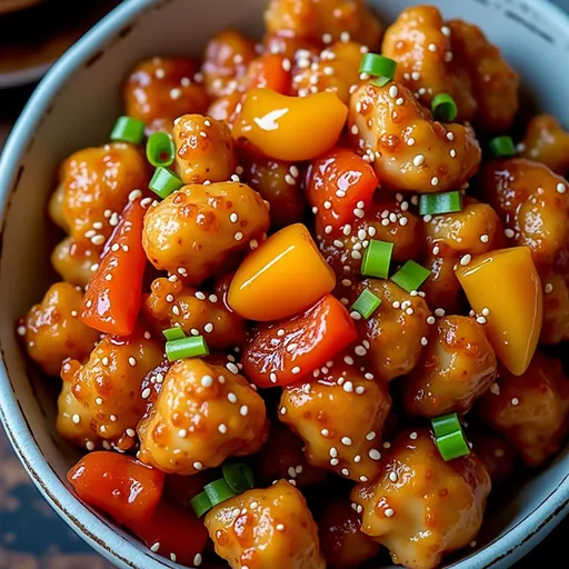 A beautifully arranged dish of Sweet & Sour Chicken with texture and garnish, shot in warm natural light.