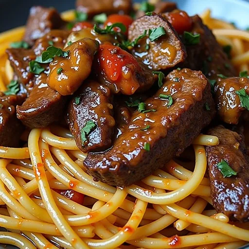 Appealing plate of steak pasta with a focus on the ingredients and presentation.