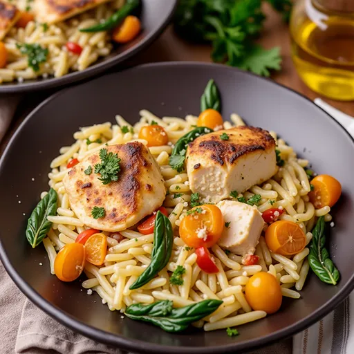 Eye-level shot of a comforting creamy orzo dish topped with mozzarella and parmesan, surrounded by soft shadows.