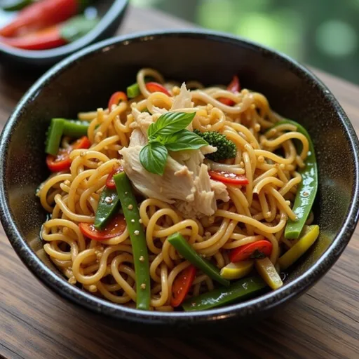 Eye-level shot of spicy chicken drunken noodles garnished with basil and lime.