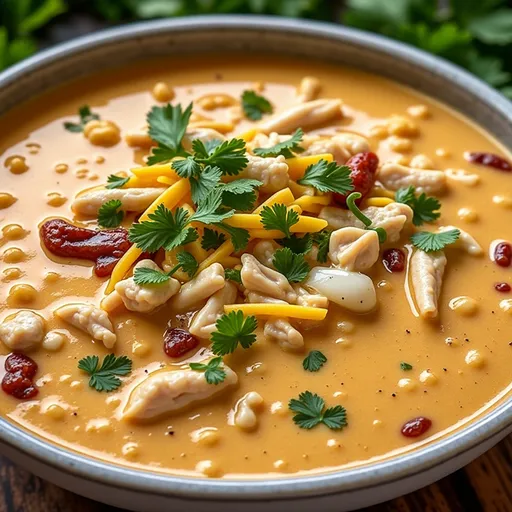 Savory chicken chili with cream cheese, garnished with green onions and cheddar cheese.