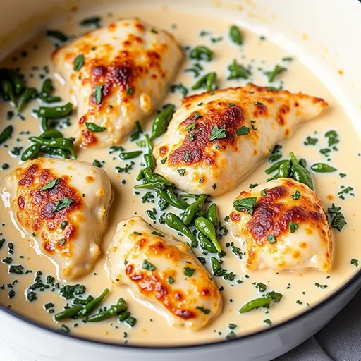 Eye-level view of creamy garlic chicken with a warm, blurred background.