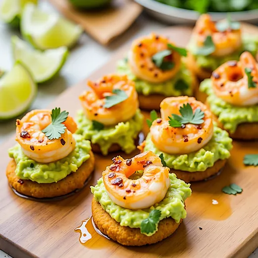 Appetizing shrimp guacamole bites with fresh ingredients, served on a rustic table setting.