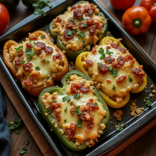 Deliciously arranged stuffed bell peppers on a plate, highlighting the filling and natural lighting.
