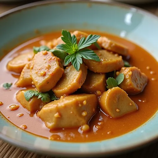 Delicious Penang Curry Chicken presented in a bowl, featuring a creamy coconut sauce and bell peppers.
