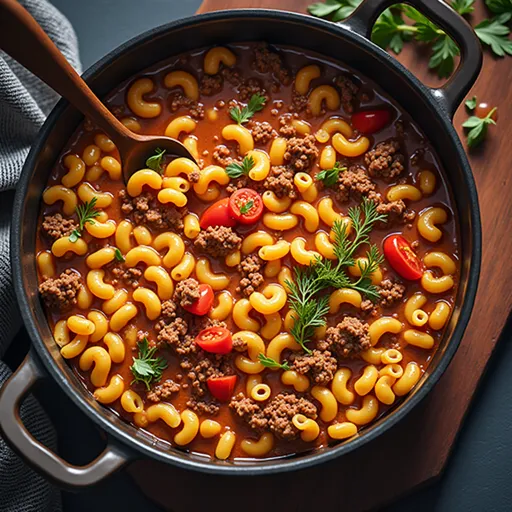 A steaming bowl of One Pot Goulash with ingredients like diced tomatoes and bell peppers, captured in warm light.