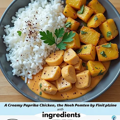 Plate of creamy paprika chicken with a side of golden herb potatoes and white rice.