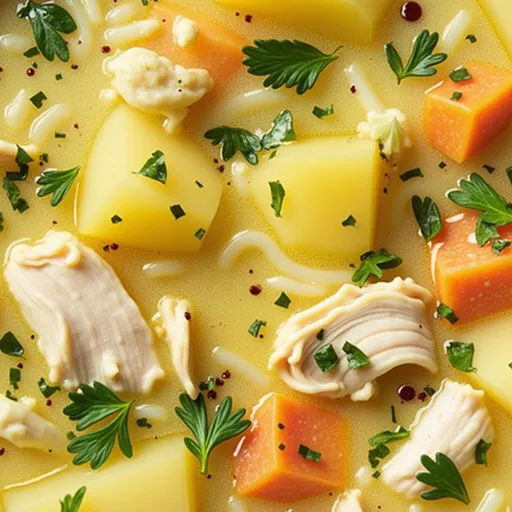An inviting bowl of chicken soup highlighting tender chicken, potatoes, and vibrant vegetables.