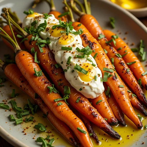 Eye-level view of roasted carrot sticks with a dollop of ricotta and honey, set against a blurred background.