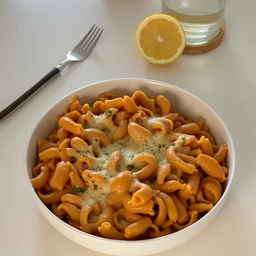 Delicious plate of cheesy chicken penne pasta in natural light.