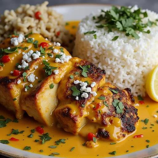 A mouthwatering dish featuring spicy coconut chicken served on a rustic wooden table.