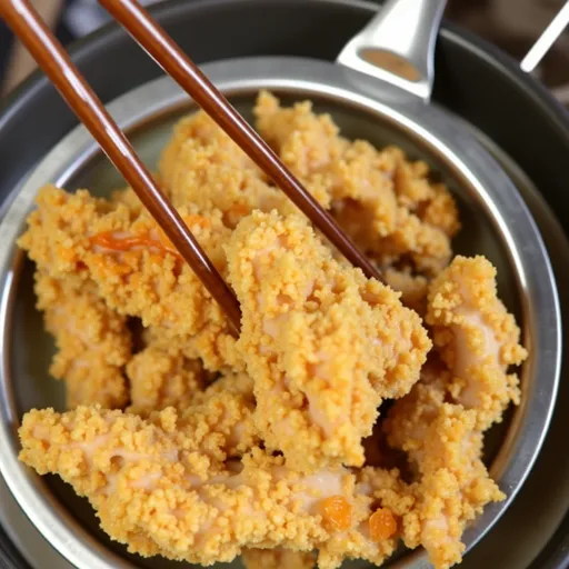 Eye-level photograph of delicious fried chicken showcasing a crunchy coating and soft shadows.
