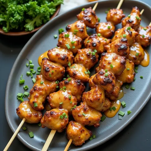 Appetizing skewers of chicken with a rich sauce, highlighted by natural lighting.
