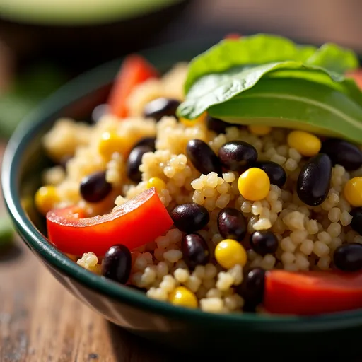 An appetizing arrangement of quinoa mixed with black beans, red bell pepper, corn, avocado, and cilantro on a rustic surface.