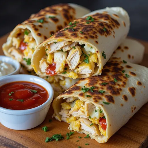 Appetizing Cheesy Garlic Chicken Wraps filled with chicken and cheese, illuminated by soft natural light.