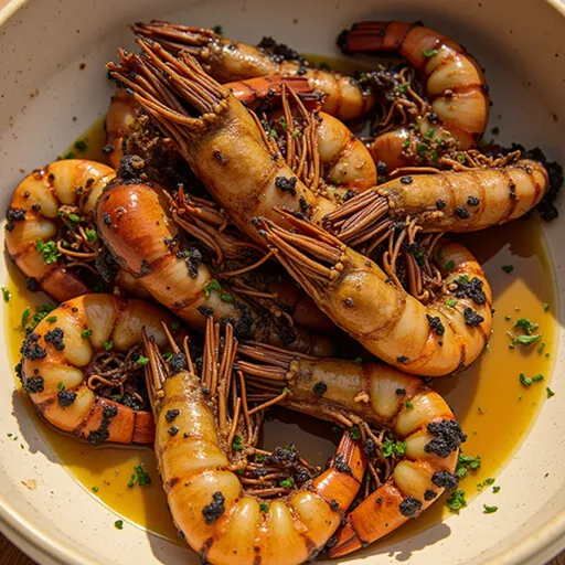 Eye-level view of succulent roasted King Prawns, showcasing their texture and vibrant colors.