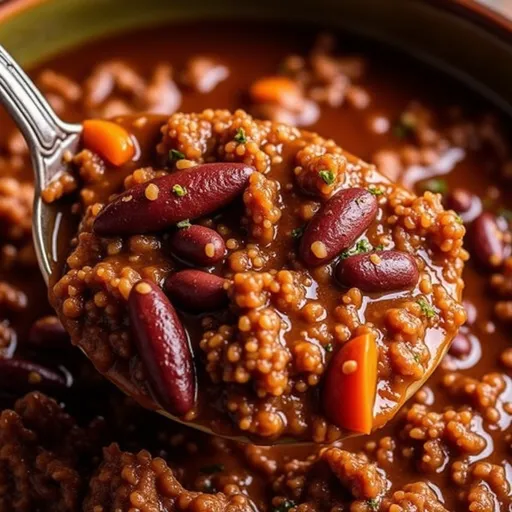 A rich, hearty chili dish in a bowl, showcasing texture and vibrant colors with a blurred background.