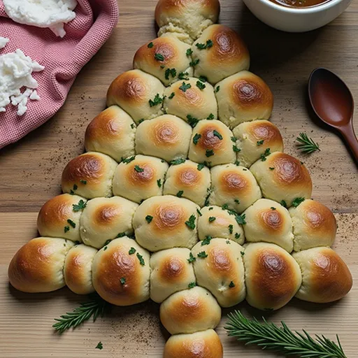 A loaf of Christmas bread showing layers of cheese and herbs, warmly lit for a cozy look.