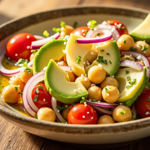 Succulent salad featuring chickpeas, avocado, and red onion, beautifully arranged for serving.