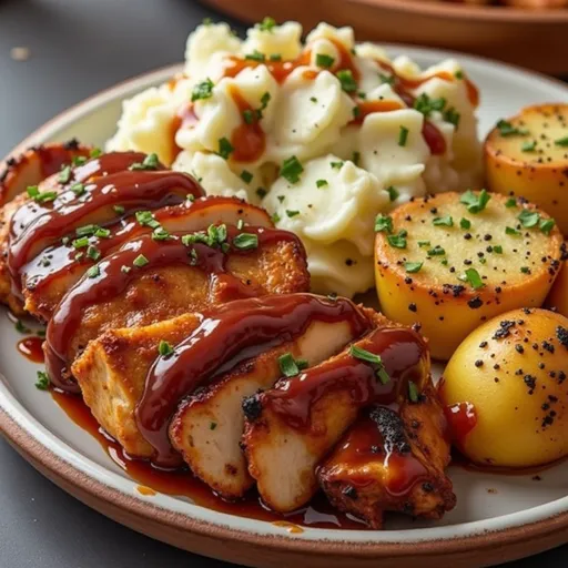 A mouthwatering dish featuring BBQ chicken and creamy garlic potatoes on a rustic table.
