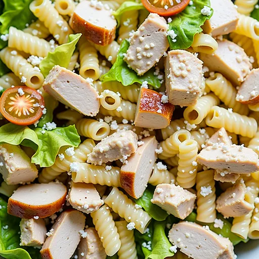 Detailed shot of a delicious pasta salad showcasing chicken, fresh vegetables, and a sprinkle of Parmesan in natural lighting.