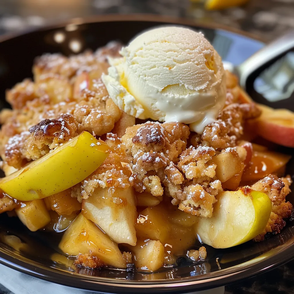 A side shot of a warm apple cobbler topped with a scoop of vanilla ice cream.
