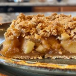 Close-up view of warm apple crisp bars with a golden oat topping.