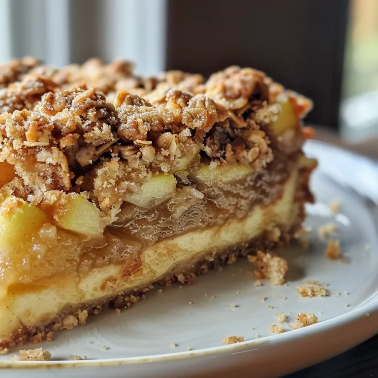 Close-up side view of a slice of Apple Crisp Cake with a crusty topping.