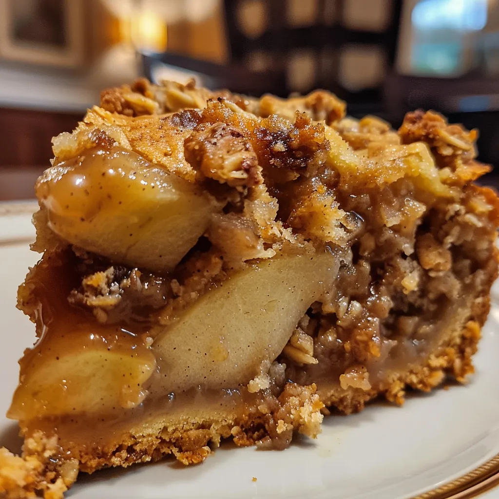 Juicy Apple Crisp Cake displayed on a plate, showcasing its golden brown crust.