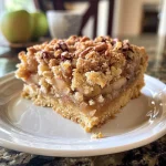 Close-up view of a moist Apple Crisp Coffee Cake with visible apple chunks and crumb topping.