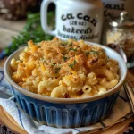 A close-up view of a creamy macaroni and cheese dish topped with baked beans.